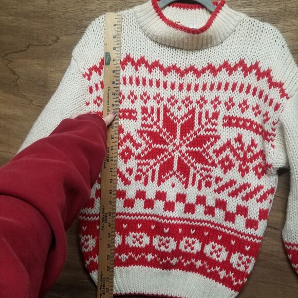 Vntg Gitano Wmns Sz S Oversized Sweater Ivory White Red Snowflake Fair Isle Flaw - Picture 7 of 14